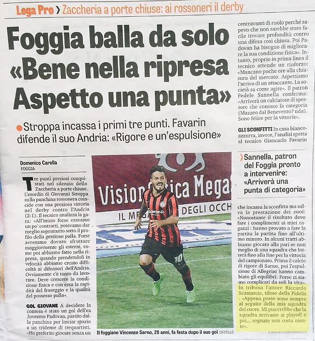La presenza di Scamarcio in tribuna, documentata da "La Gazzetta dello Sport"