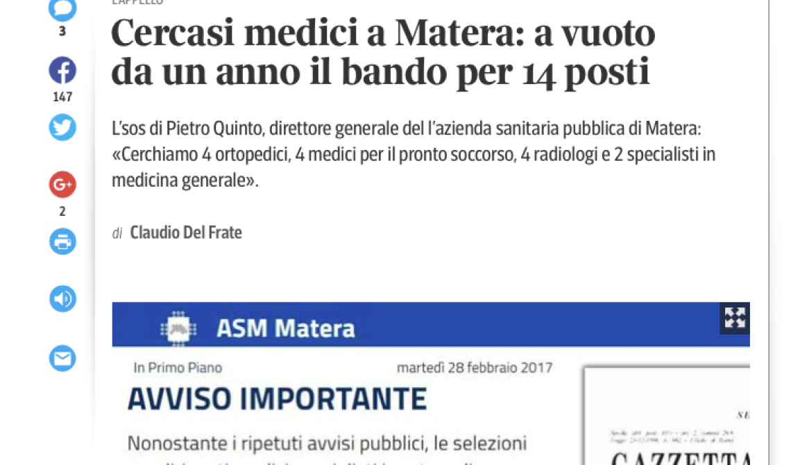 «AAA» cercasi medici a Matera: c'è il bando ma nessuno risponde da tempo