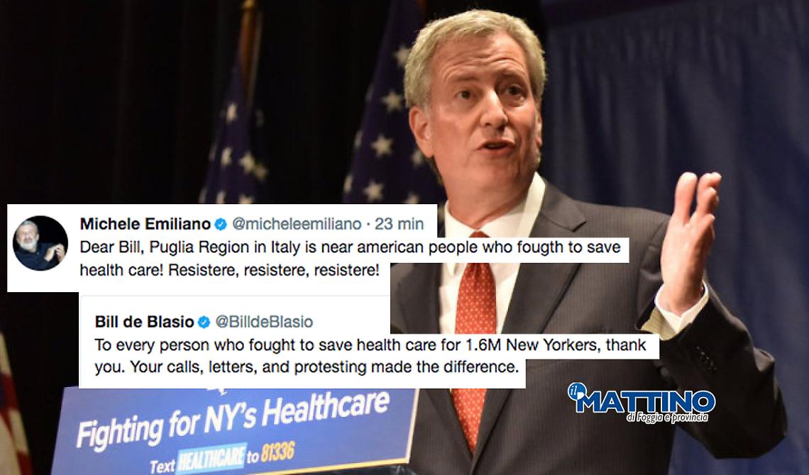 Emiliano twitta al sindaco di New York: «Puglia vicina agli americani che combattono per l’assistenza sanitaria»
