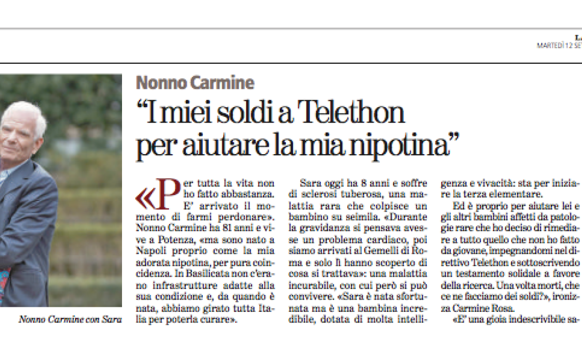 A Potenza il testamento solidale. Nonno Carmine Rosa lascia tutto a Telethon per aiutare la sua nipotina