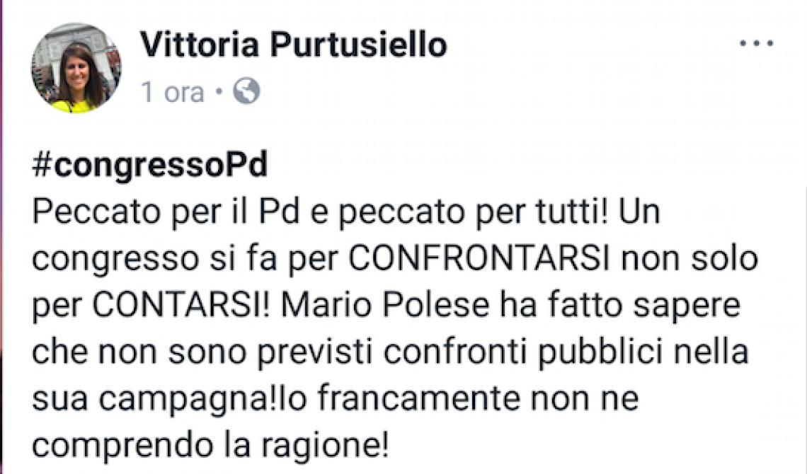 Congresso del Pd, Purtusiello punzecchia di nuovo Polese: «Evita il confronto? Peccato per il partito e peccato per tutti»