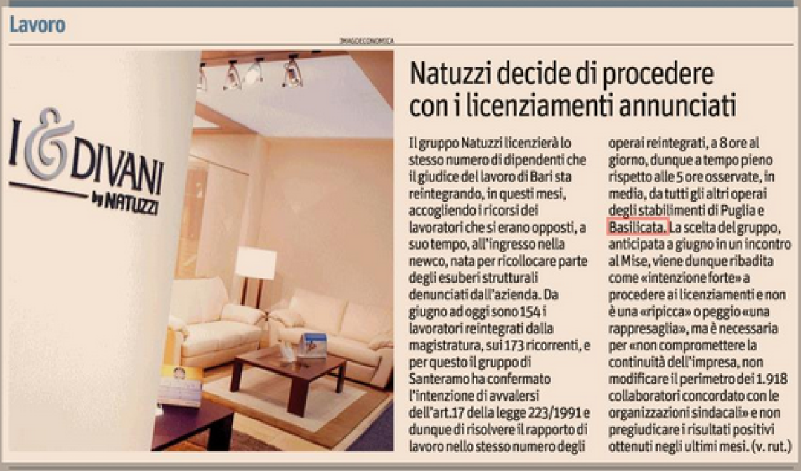 In barba al giudice del lavoro Natuzzi licenzia i lavoratori reintegrati