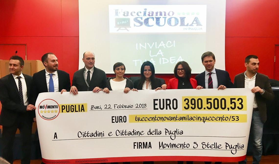 I consiglieri regionali M5S devolvono ai pugliesi 390mila euro dei loro stipendi