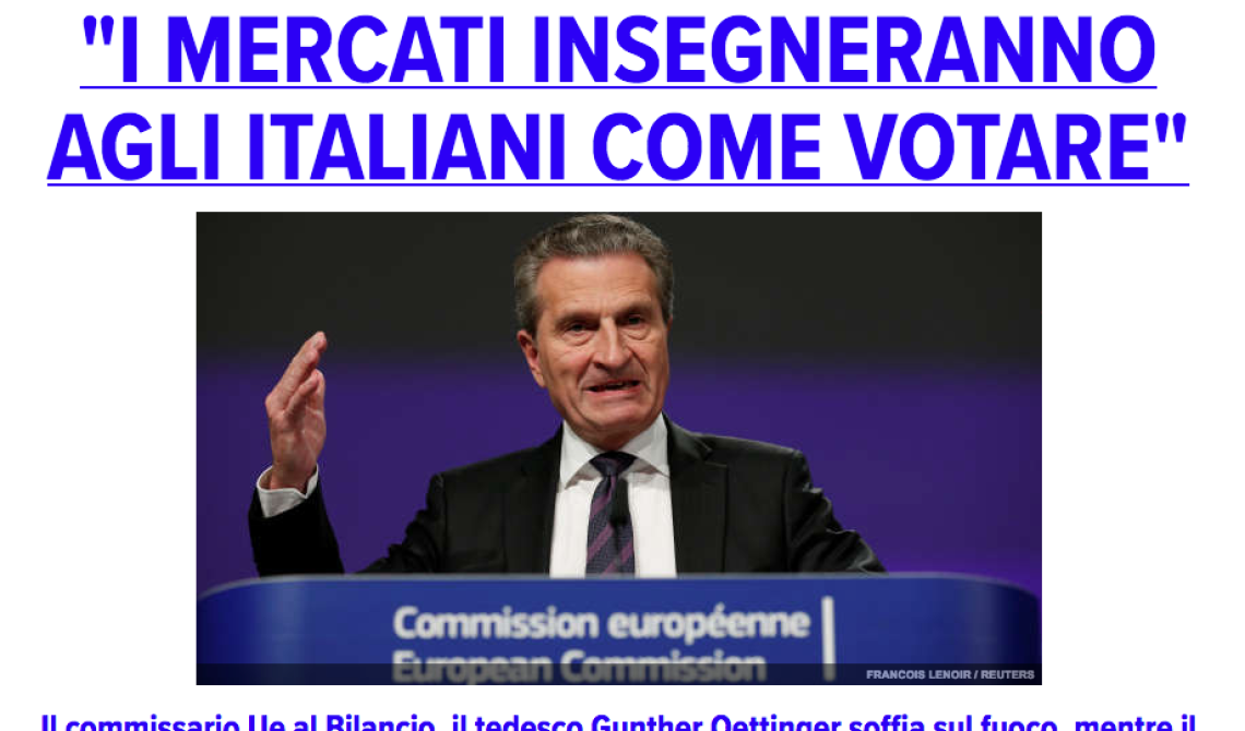 «I mercati insegneranno agli italiani a votare nel modo giusto»: le inquietanti dichiarazioni del commissario UE al Bilancio che danno ragione a Salvini e Di Maio