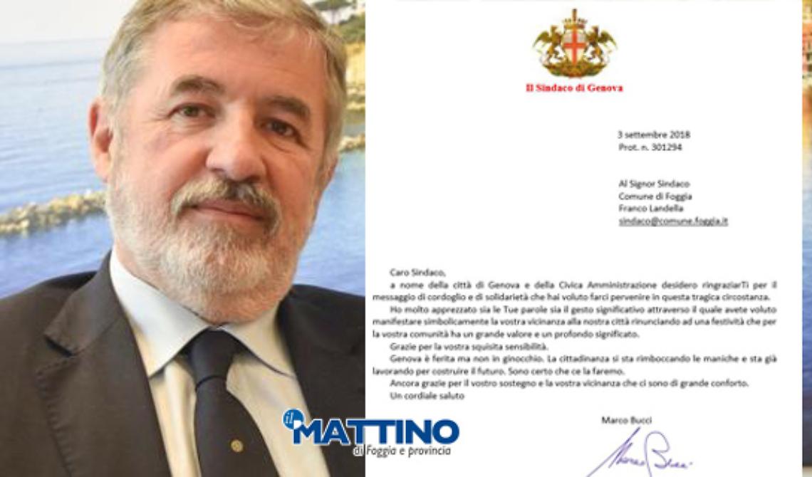 Tragedia ponte Morandi, Genova ringrazia Foggia per la solidarietà: «Siamo feriti ma non in ginocchio, ce la faremo»
