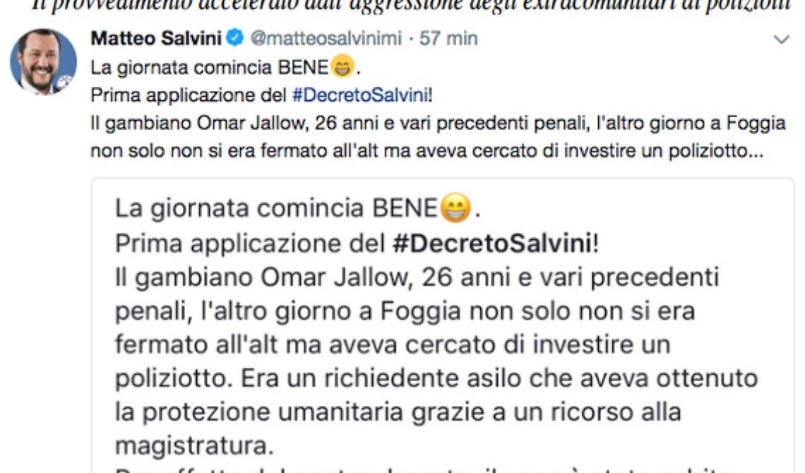 Foggia inaugura il decreto Salvini: espulsione per il pregiudicato gambiano che ha aggredito i poliziotti. Il Ministro: «La giornata comincia bene»