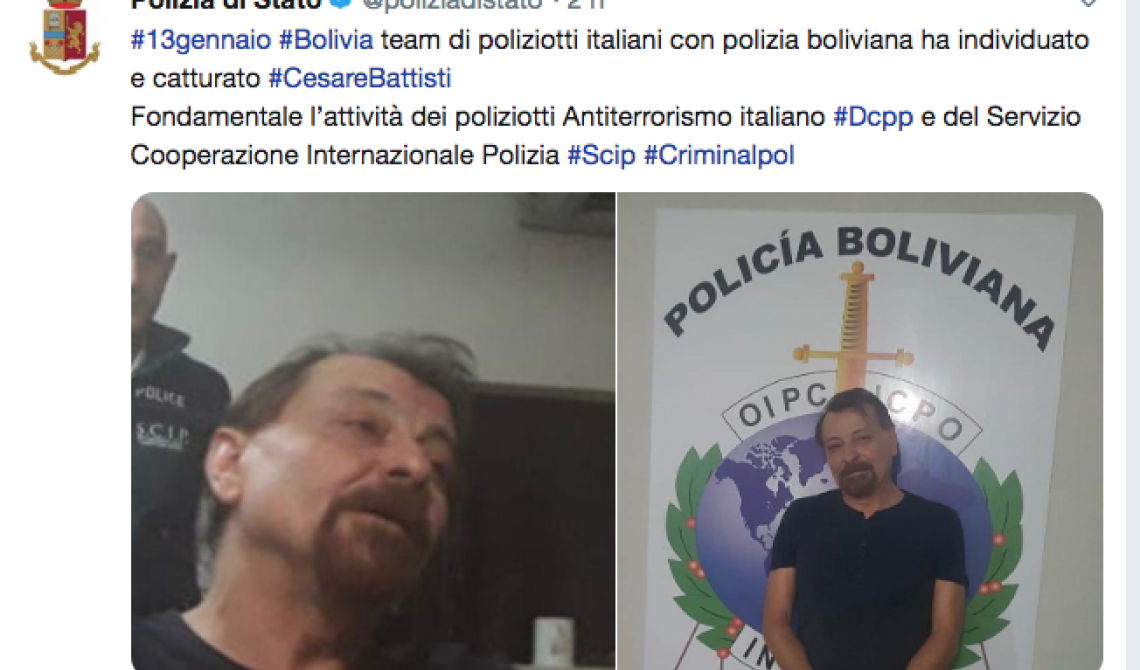 Catturato il terrorista Battisti, Perruggini: «Ora l'estradizione»
