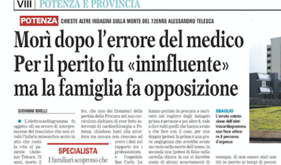 Potenza, errore di interpretazione dell'elettrocardiogramma e il paziente muore. Un nuovo caso scuote il San Carlo