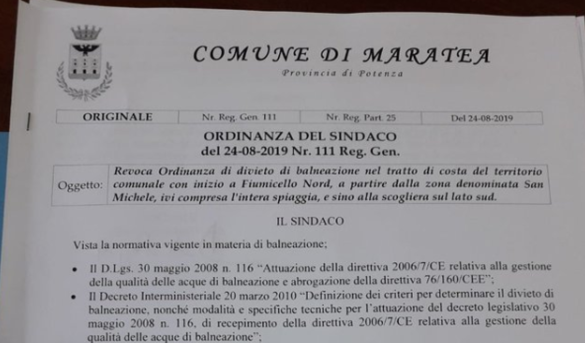 A Maratea si può tornare in mare, il sindaco firma la revoca del divieto di balneazione