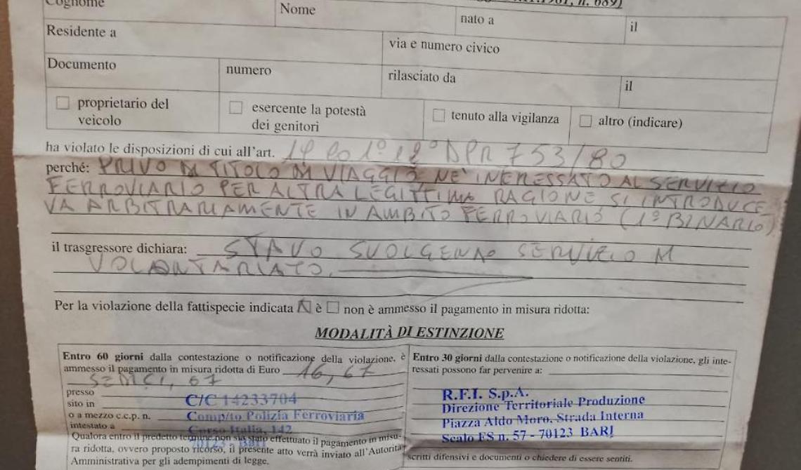 Ci vuole il biglietto per fare del bene, altrimenti venite multati: è successo ai Fratelli della Stazione di Foggia, una cosa incredibile