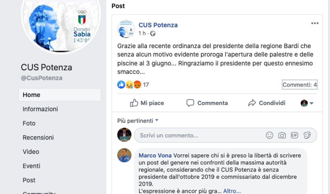 Scoppia il caso Cus Potenza: un post contro il governatore Bardi dal profilo ufficiale innesca l'ordigno