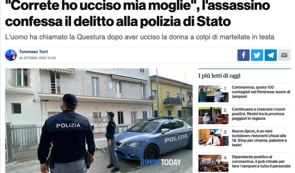 Materano a Rimini uccide la moglie a martellate e confessa