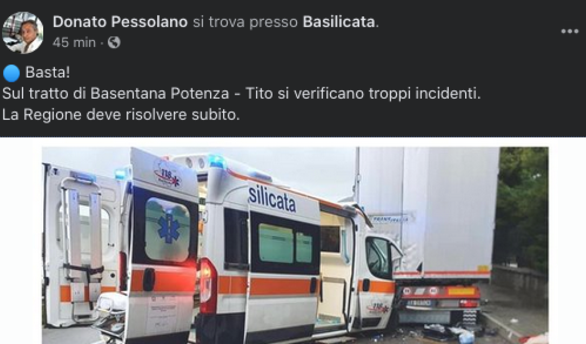 Incidente sulla Tito-Brienza: coinvolta ambulanza del 118, infermiera in rianimazione