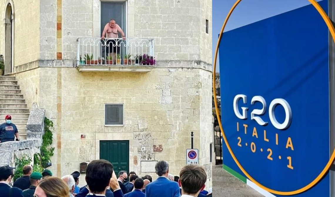 G20 a Matera, a petto nudo sul balcone mentre sfilano i potenti del mondo: la foto è virale 