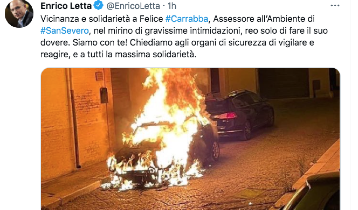 Per l'auto incendiata all'assessore all'ambiente di San Severo, Carrabba, arriva anche la solidarietà di Letta