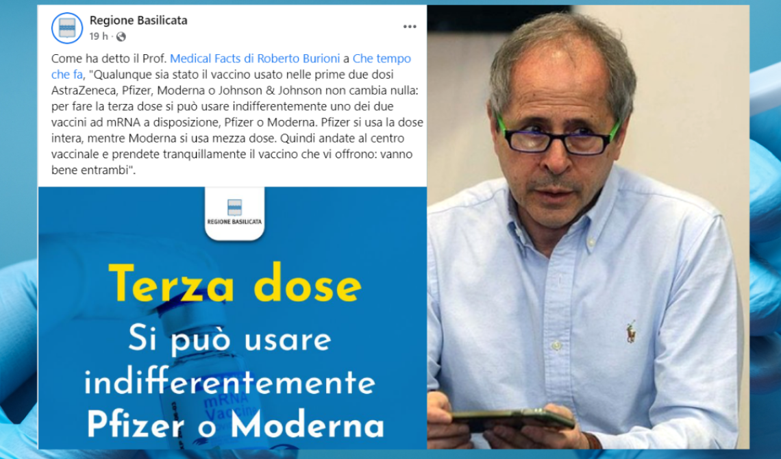 L'account social della Regione Basilicata si affida all'oracolo di Burioni: Ok al mix vaccinale. Crisanti perplesso: «Non abbiamo dati»