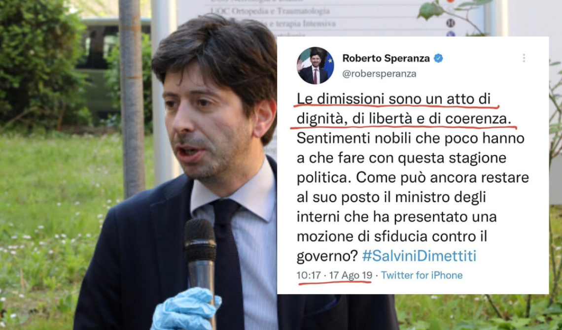 È diventato virale il tweet di Speranza del 2019, sosteneva che «le dimissioni sono un atto di dignità»