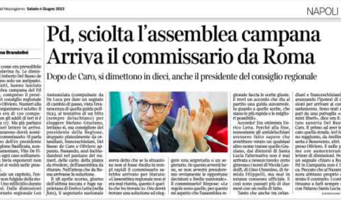 L'indiscrezione del Corriere del Mezzogiorno: «Vito De Filippo commissario del Pd in Campania»
