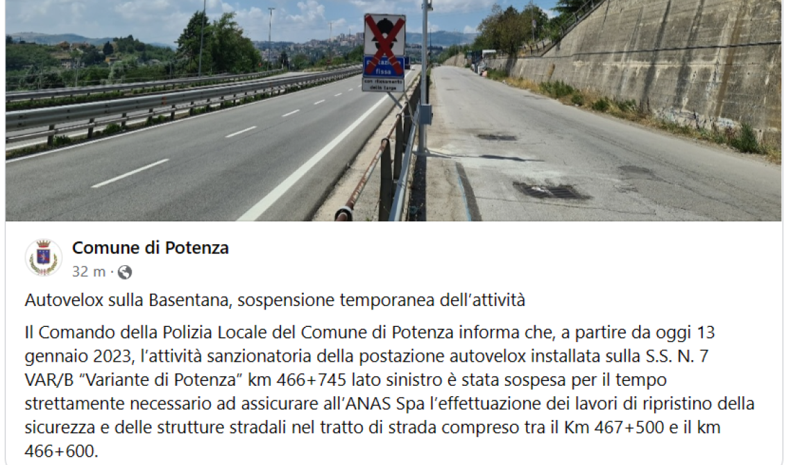 Autovelox e "attività sanzionatoria": lo sgangherato post del Comune di Potenza