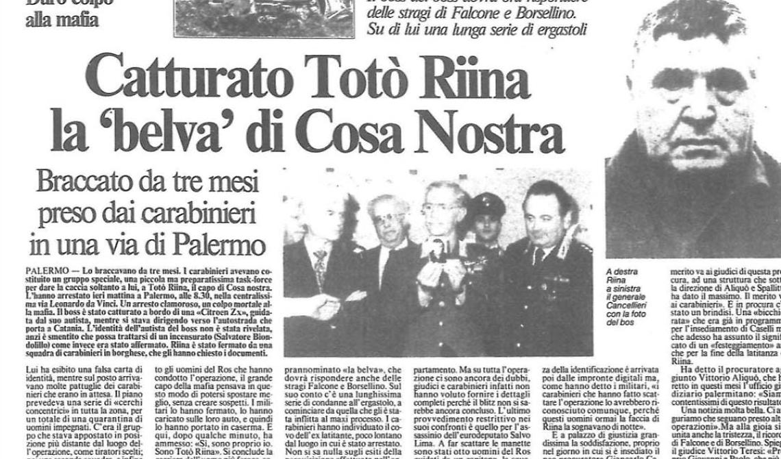 15 gennaio 1993: 30 anni fa l'arresto del boss di Cosa Nostra Totò Riina