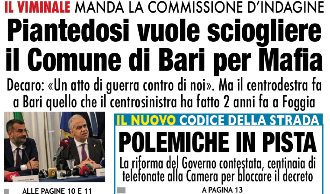 Piantedosi vuole sciogliere il Comune di Bari per Mafia