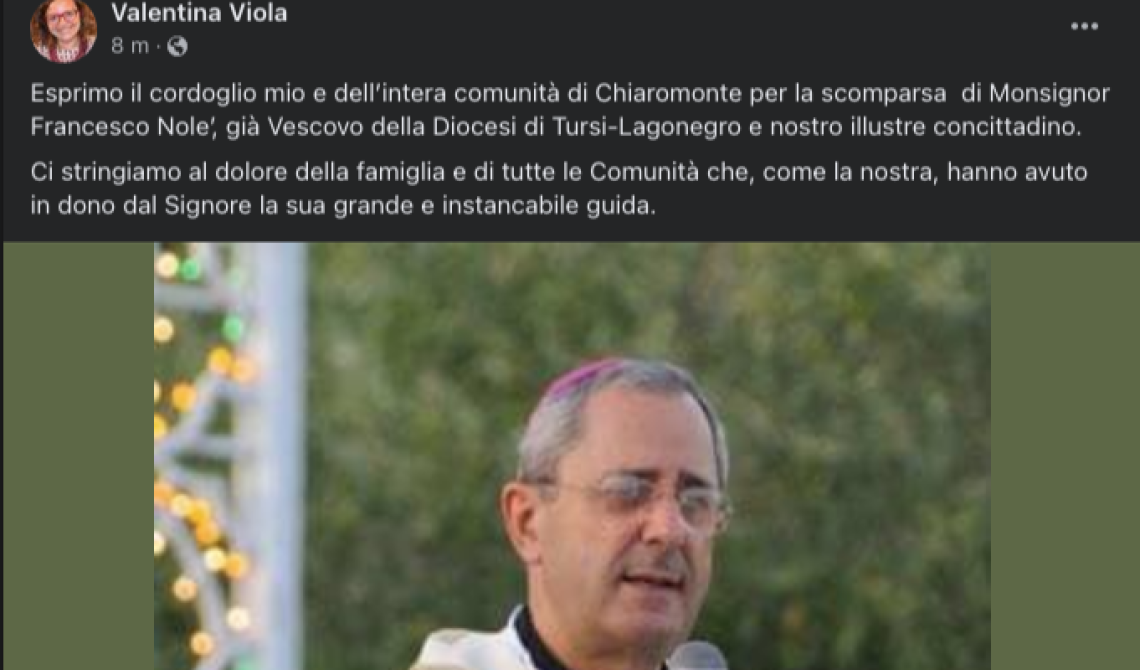 Scomparsa di monsignor Nolè, il sindaco di Chiaromonte: «Ci stringiamo al dolore della famiglia e di tutte le Comunità che, come la nostra, hanno avuto in dono dal Signore la sua grande e instancabile